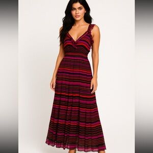 Aryn K V-Neck Sleeveless Striped Maxi Dress Size XS Silk Ruffles Burgundy